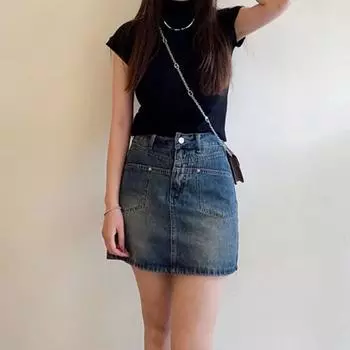 Unique Classic Versatile Wearable Durable Split Pocket Design Sense Vintage Half-body Skirt A-line Package Hip Ladies Summer Fashion Denim Short Skirt S синий