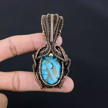 Уникальный медный бирюзовый драгоценный камень, ручная работа, чистая медная проволока, обернутая в кулон, ювелирное изделие 3.07 Inches синий