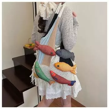 Unique Design Bag Women Knitted Wool Woven Bag Tassel Patchwork Vacation Casual Portable Shoulder Tote Bag White