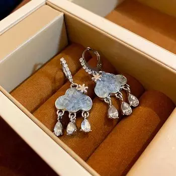 Unique Design Blue Rhinestone Ear Buckle Cloud Fringed Earrings