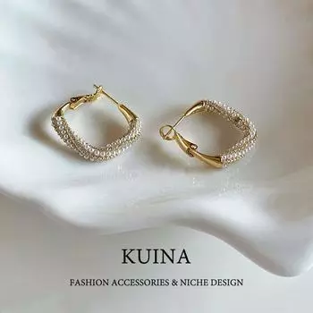 Unique Pearl Earrings Hoop Fancy Elegant Gold Square Earclip Earrings Female Sterling Silver Needle Niche Ear Jewelry As Shown in Pictures