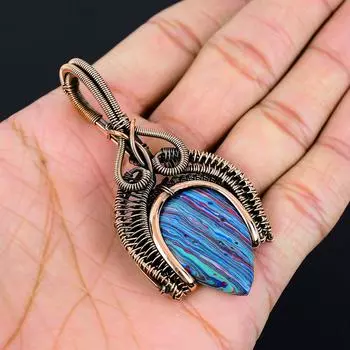Уникальный радужный кальцитовый драгоценный камень, ручная работа, подвеска из чистой медной проволоки, обернутая в бижутерию 2.87 Inches синий