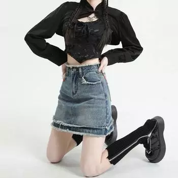 UniqueRaw Edge Skirt Thin Section Fat Mm Thin Cover Meat High-waisted Retro A-line Half-body Package Hip Skirt Ladies Summer Fashion Denim Short Skirt S синий