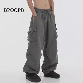 Unisex American Retro Drawstring Overalls: Mid-Waist Waterproof Casual Wide-Leg Pants чёрный