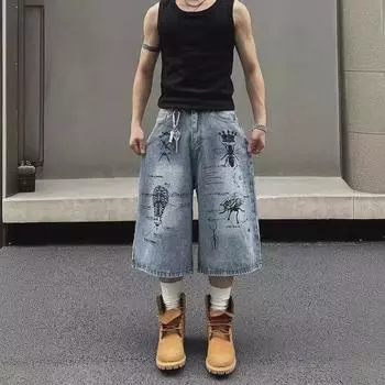 Unisex American Street Graffiti Print Denim Shorts - Trendy, Loose-Fit, Retro-Style Cropped Summer Shorts Extra Large синий