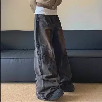 Унисекс американские ретро-рваные джинсы Heavyweight Wasteland: Плиссированные, прямые, модные свободные брюки в стиле хип-хоп с широкими штанинами 3XL чёрный