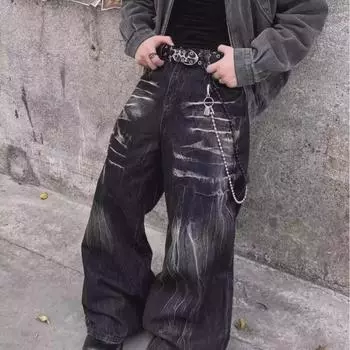 Унисекс-американские уличные модные прямые джинсы с эффектом потертости - модные свободные широкие брюки из денима 2XL чёрный