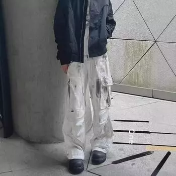 Унисекс Белые джинсы с принтом тай-дай, прямые, с множеством карманов M белый