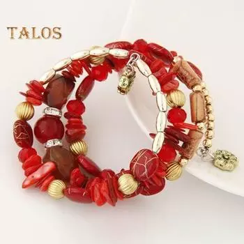 Браслет унисекс из сплава с камнями неправильной формы, многослойная укладка, ретро, этнический, богемный, искусственная бирюза, искусственный агат, регулируемый эластичный шнур на запястье розовый