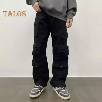 Унисекс брюки-карго свободные регулируемые по талии однотонные широкие прямые многокарманные уличные брюки для путешествий на открытом воздухе L зелёный