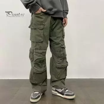 Унисекс брюки-карго свободные регулируемые по талии однотонные широкие прямые многокарманные уличные брюки для путешествий на открытом воздухе L зелёный