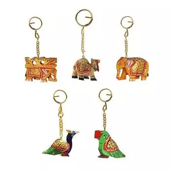 Unisex Carved Wooden Multicolour Key Ring - Set of 5