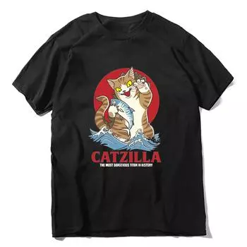 Унисекс Catzilla, японская винтажная футболка с закатом для любителей кошек Eat Fish It, мужская футболка из 100% хлопка с короткими рукавами, уличная женская футболка