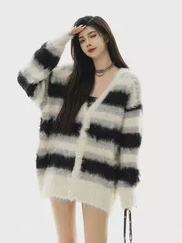 Унисекс черно-белый полосатый пушистый вязаный кардиган - уютный свитер на осень/зиму Double Extra Large чёрный