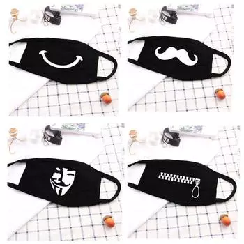 Унисекс Черные Симпатичные Половина Лица Рот Муфельные Хлопковые Маски Для Лица С Рисунком Твердая Маска 3 чёрный