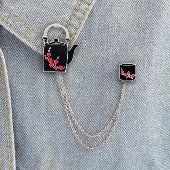 Унисекс, цветок сливы, чайник, чашка, цепочка, кисточка, эмалированная брошь, значок на корсаже, подарок