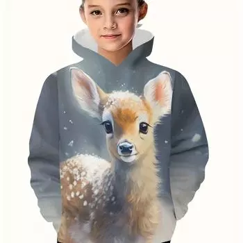 Унисекс Детский 3D Милый Олень Принт Капюшон Толстовка Полиэстер 95% Спандекс 5% Повседневный Пуловер Слегка Эластичный 100