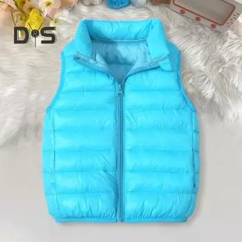 Унисекс детский хлопковый жилет без рукавов утепленный пуховик с отложным воротником на молнии повседневная свободная теплая куртка для отдыха на природе походы 110cm светло-синий