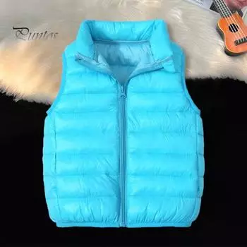 Унисекс детский хлопковый жилет без рукавов утепленный пуховик с отложным воротником на молнии повседневная свободная теплая куртка для отдыха на природе походы 110cm светло-синий