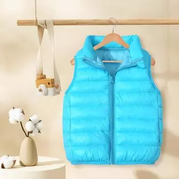 Унисекс детский хлопковый жилет без рукавов утепленный пуховик с отложным воротником на молнии повседневная свободная теплая куртка для отдыха на природе походы 110cm светло-синий