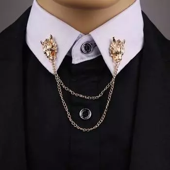 Унисекс, двойная голова волка, цепочка с кисточками, брошь на булавке, значок на воротнике рубашки, подарок золотистый