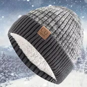 Унисекс двухцветные зимние шапки с меховой подкладкой для мужчин и женщин, модные теплые шапки-бини, повседневные зимние вязаные шапки M 56-58cm темно-коричневого