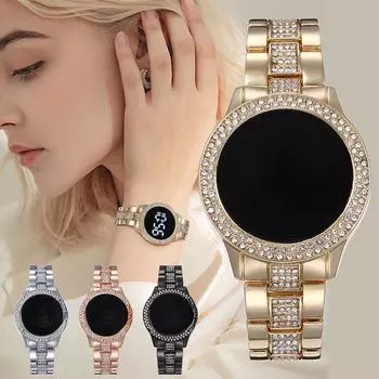 Унисекс двухрядные водонепроницаемые светодиодные часы с бриллиантами и большим циферблатом розового золота