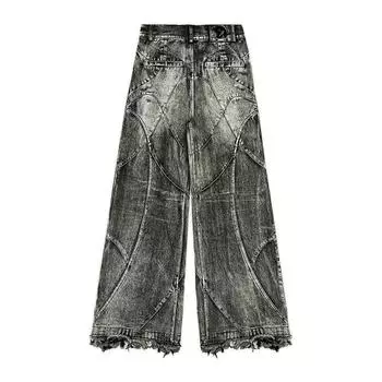 Унисекс, европейские и американские брюки с высокой талией, потертые джинсы с необработанными краями, мужские уличные свободные прямые широкие джинсовые брюки большого размера M