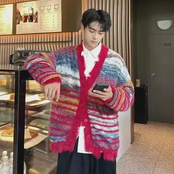 Унисекс Градиентный Полосатый Длинный Рукав Вязаный Кардиган – Осень/Зима Повседневная Мода L синий