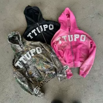 Унисекс High Street Harajuku Retro Letter Вышитая Толстовка большого размера Y2k Уличная мода Хип-хоп Рок Толстовка с капюшоном на молнии для женщин S чёрный