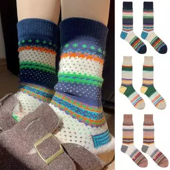 Унисекс Хлопок Ins Стиль Толстые Фэр-Айл Носки До Середины Икры Сложенные Светлые Винтажные