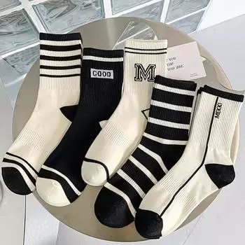 Unisex Korean socks Stripe Plaid socks Men Ins Women socks Black White