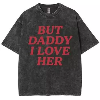 Унисекс Крой Выстиранный Деним Свободная Оверсайз Футболка с Круглым Вырезом Принт Красными Буквами Персонализированный Повседневный Топ Тренд Дизайн S