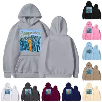 Унисекс круглый вырез длинный рукав принтованный топ с капюшоном L чёрный