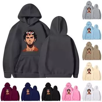 Унисекс круглый вырез длинный рукав принтованный топ с капюшоном L чёрный