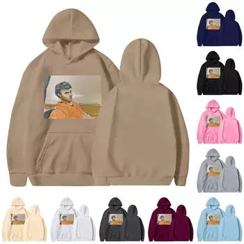 Унисекс круглый вырез длинный рукав принтованный топ с капюшоном L чёрный