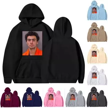 Унисекс круглый вырез длинный рукав принтованный топ с капюшоном L чёрный