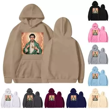 Унисекс круглый вырез длинный рукав принтованный топ с капюшоном L чёрный