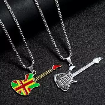 Унисекс кулон в виде гитары из нержавеющей стали, длинная цепочка, ожерелье, вечерние украшения