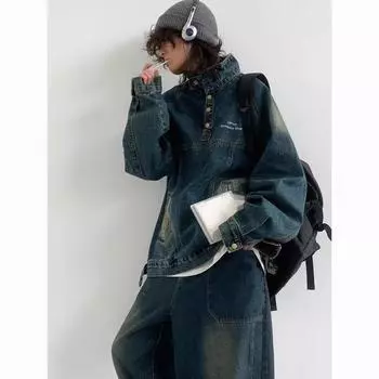 Унисекс-куртка из японского денима в стиле ретро — повседневная осенняя модель, состаренная, свободного кроя, с полувысоким воротником. L синий