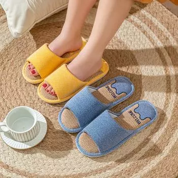 Унисекс летние льняные тапочки большого размера мужские повседневные домашние туфли женские нескользящие классные тапочки для пар 36-45 42-43(one size smaller) темно-синий