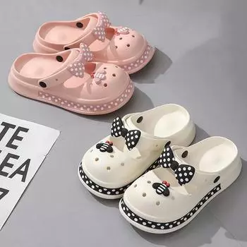 Унисекс летние толстые подошвы мультфильм пчела бант домашние сандалии отверстия для женщин и мужчин повседневные мягкие подошвы нескользящие тапочки для пар 35-40 35-36 чёрный