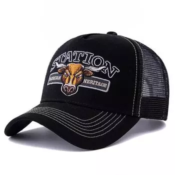 Унисекс летняя дышащая сетчатая кепка дальнобойщика с рисунком головы быка, бейсболка с регулируемой застежкой для мужчин и женщин 56cm-60cm чёрный