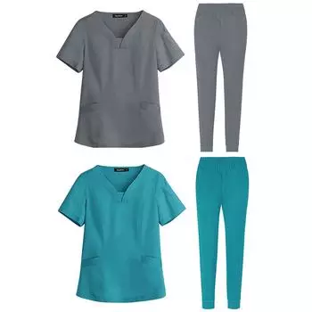 Унисекс медицинская медсестра салон красоты рабочая одежда V-образный вырез медицинская хирургия топ и брюки больничная хирургическая рабочая одежда для женщин и мужчин M серый