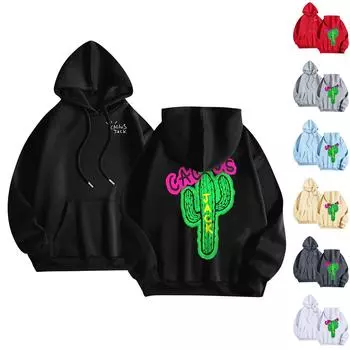 Унисекс мода O-образный вырез длинный рукав принтованный топ толстовка с капюшоном L бежевый