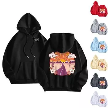 Унисекс мода O-образный вырез длинный рукав принтованный топ толстовка с капюшоном L бежевый