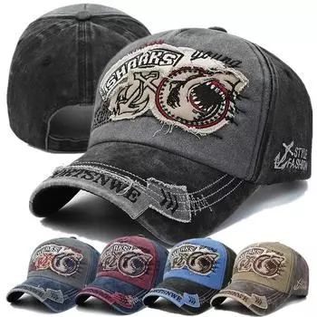 Унисекс, мытая хлопковая винтажная кепка SHARKS, бейсбольная кепка с вышивкой для мужчин и женщин, спортивные шапки на открытом воздухе 56cm-60cm серый/чёрный