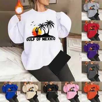 Унисекс офсетный принт круглый вырез свободный свитшот с длинными рукавами L бежевый