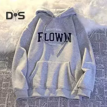 Унисекс, осень-весна, толстовка с капюшоном и принтом букв, длинные рукава, эластичные манжеты, большой карман, средняя длина, однотонная повседневная одежда, повседневный топ для пары XL чёрный