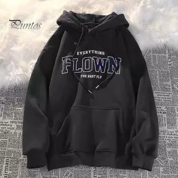 Унисекс, осень-весна, толстовка с капюшоном и принтом букв, длинные рукава, эластичные манжеты, большой карман, средняя длина, однотонная повседневная одежда, повседневный топ для пары XXL чёрный
